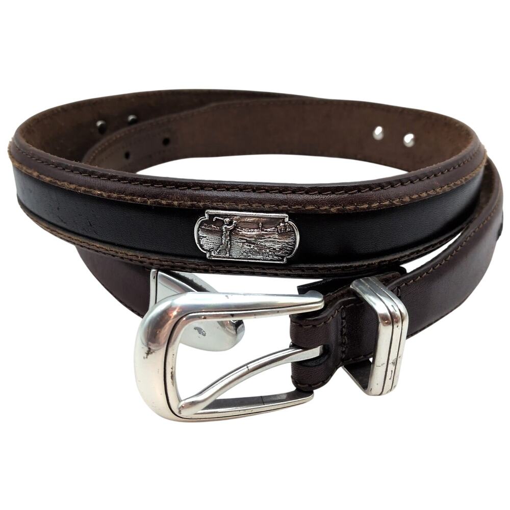 Brighton Onyx Leather Roberts Golf Motif Belt Silver Plate Buckle Black Brown 36